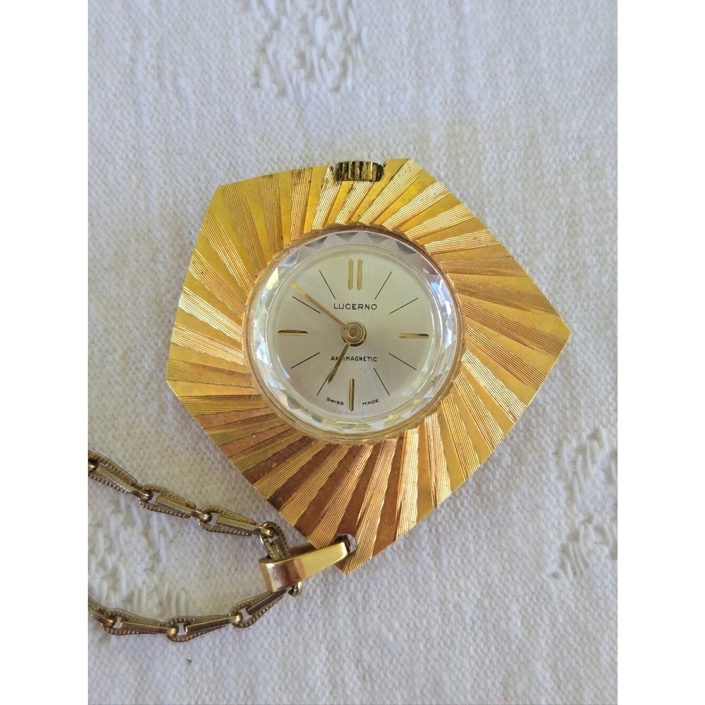 Lucerno Gold-Tone Sunburst Pendant Watch Necklace Anitmagnetic Swiss Made